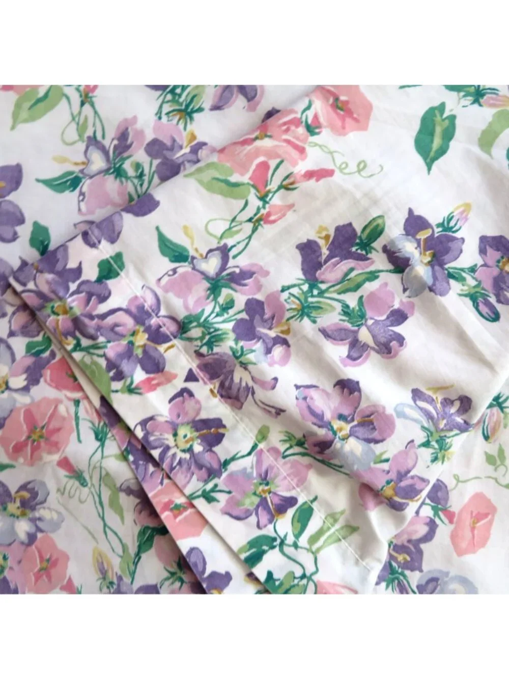 Vintage Cannon Queen Flat Sheet Floral Pink Purple Percale Cottagecore USA Made